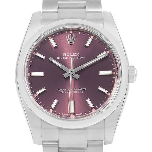 Photo of Rolex Oyster Perpetual 34mm Red Grape Dial Mens Watch 114200 Unworn