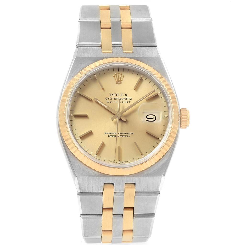The image shows a front view of a Rolex Oysterquartz 17013 Men
s Stainless Steel Champagne Dial 17013 Men
s Stainless Steel Champagne Dial Datejust watch, highlighting the dial, bezel, and bracelet.