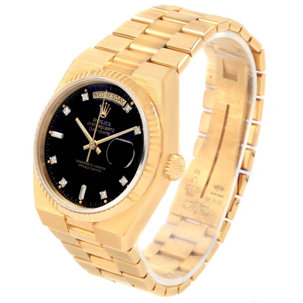 The image shows a Rolex Oysterquartz 19018 Men's Yellow Gold Black Dial 19018 Men's Yellow Gold Black Dial model watch viewed from an angled side perspective, highlighting its gold band and black dial.