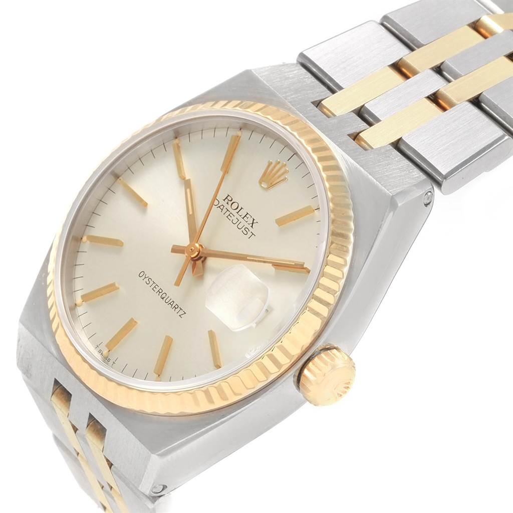 This image shows a side/front angle of a Rolex Oysterquartz 17013 Men
s Stainless Steel Silver Dial 17013 Men
s Stainless Steel Silver Dial watch, highlighting its face, bezel, crown, and part of the bracelet.