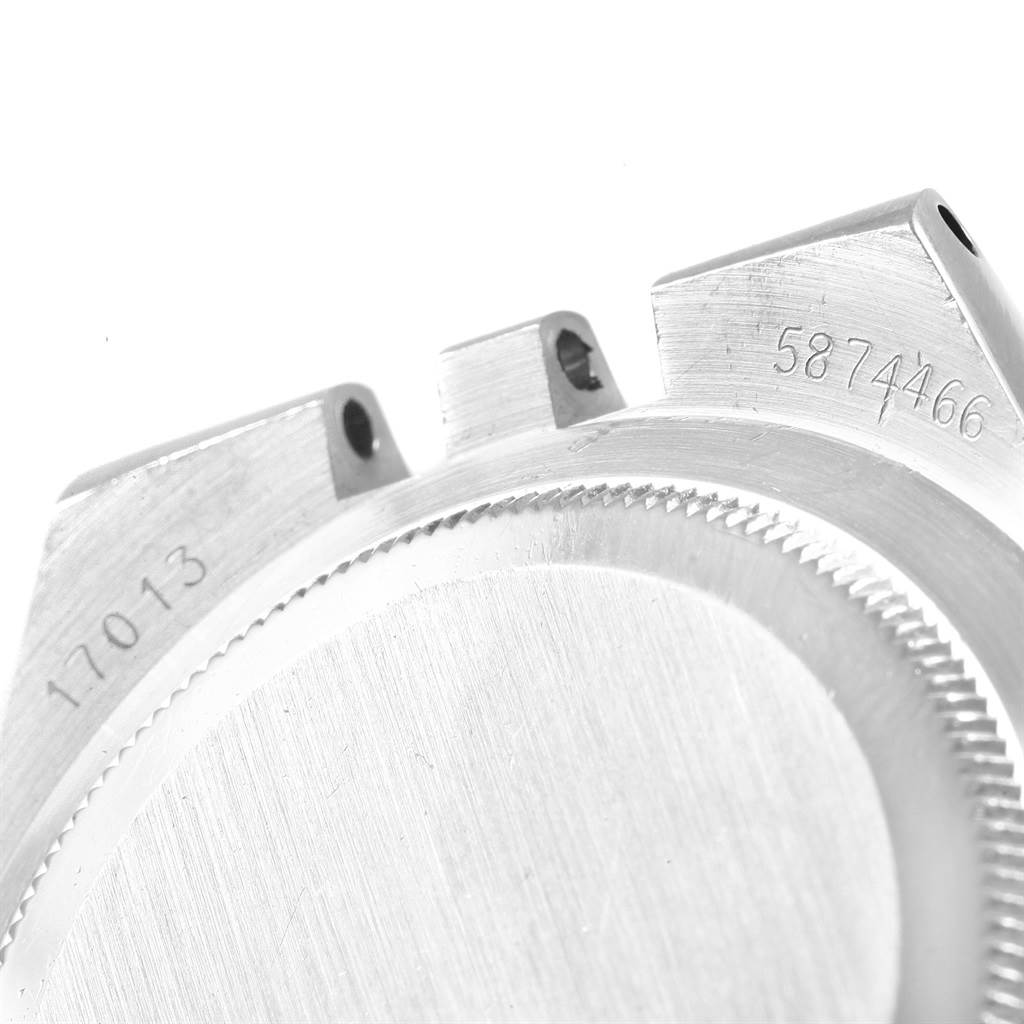 This image shows the back case and lugs of a Rolex Oysterquartz 17013 Men
s Stainless Steel Silver Dial 17013 Men
s Stainless Steel Silver Dial model from an angled top-down perspective.