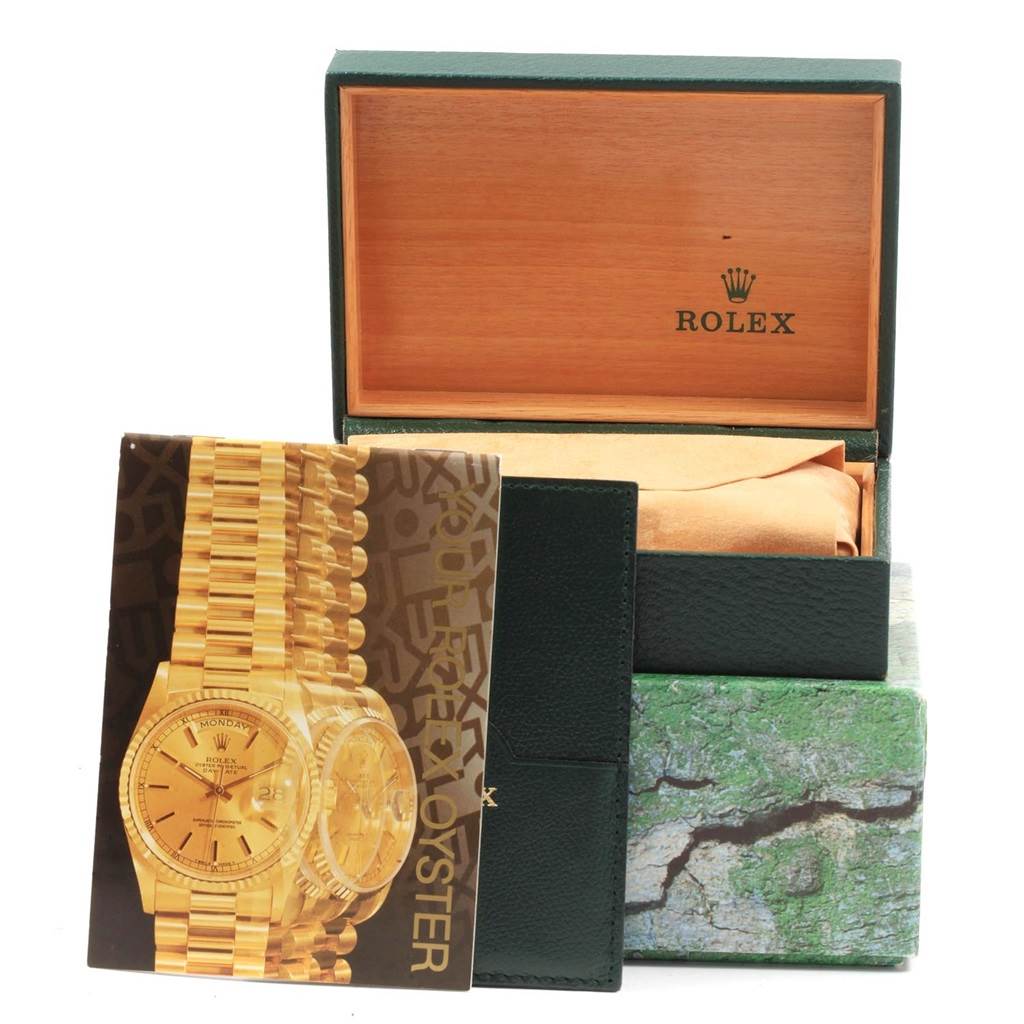 The image shows a Rolex Oysterquartz 17013 Men's Steel and Gold (two tone) White Dial 17013 Men's Steel and Gold (two tone) White Dial box, booklet, and case from a front angle.