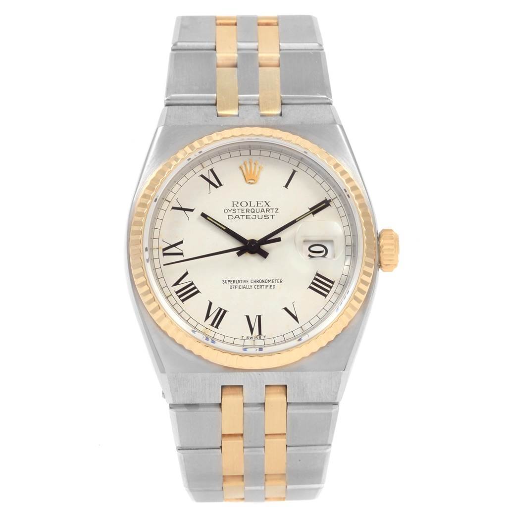 The image shows a front view of a Rolex Oysterquartz 17013 Men's Steel and Gold (two tone) White Dial 17013 Men's Steel and Gold (two tone) White Dial Datejust watch, displaying its dial, bezel, crown, and two-tone bracelet.