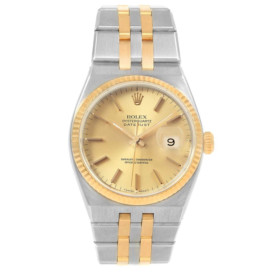 The Oysterquartz model by Rolex is shown from a front angle, displaying its face, bezel, crown, and bracelet.