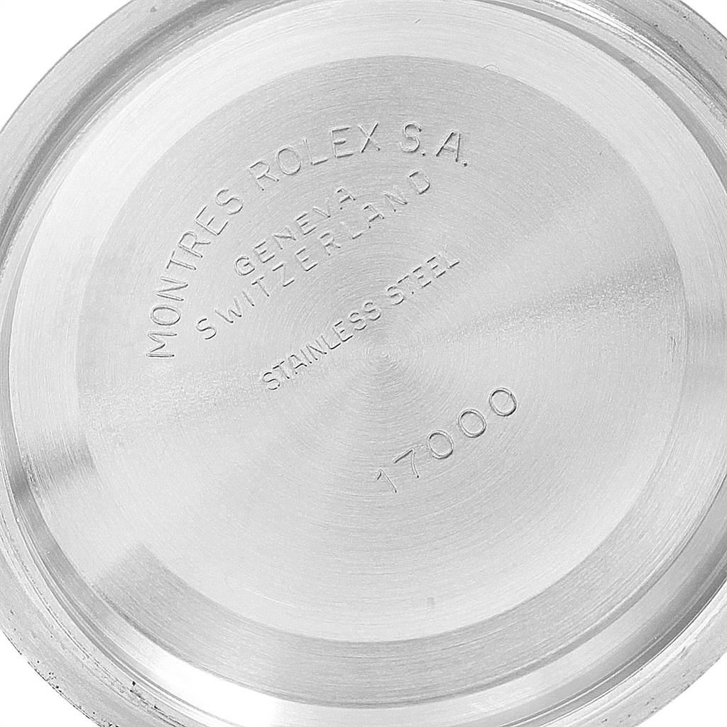 This is the rear view of the case back of a Rolex Oysterquartz 17013 Men
s Stainless Steel Blue Dial 17013 Men
s Stainless Steel Blue Dial model watch, showing engraving details.