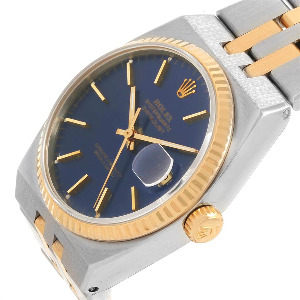 The image shows a close-up side angle of the Rolex Oysterquartz 17013 Men
s Stainless Steel Blue Dial 17013 Men
s Stainless Steel Blue Dial watch, highlighting the case, dial, crown, and part of the bracelet.