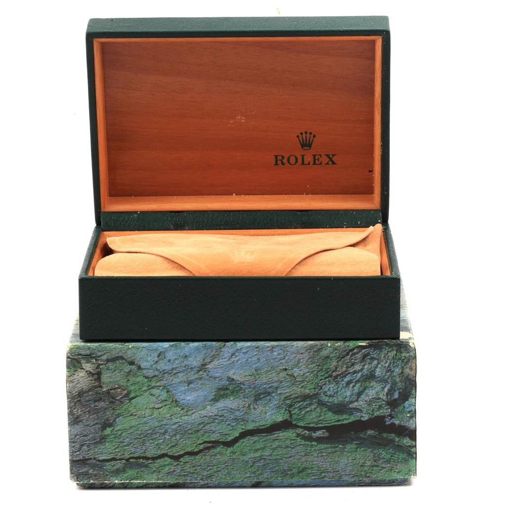 The image shows an open box displaying the interior and leather watch holder for a Rolex Oysterquartz 17013 Men
s Stainless Steel Blue Dial 17013 Men
s Stainless Steel Blue Dial model.