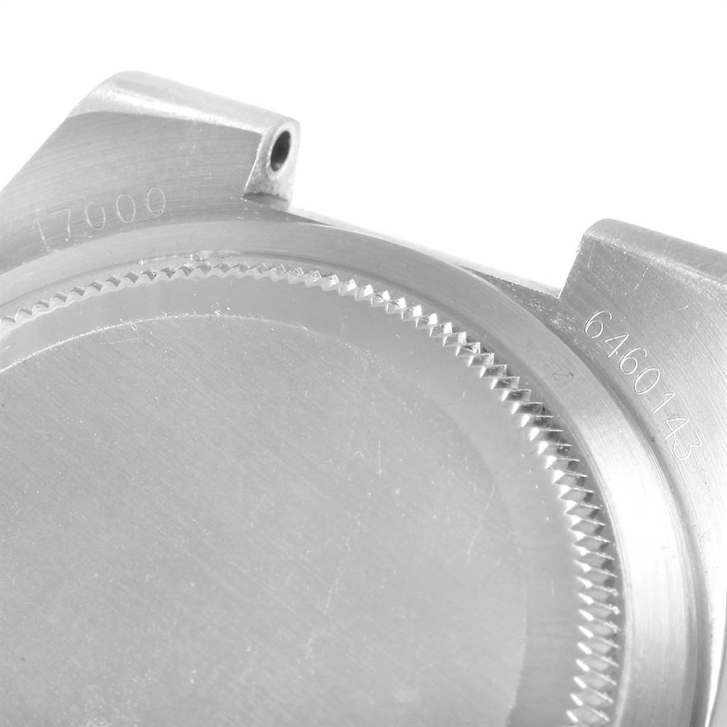 The image shows the back and lugs of a Rolex Oysterquartz 17000 Men
s Stainless Steel White Dial 17000 Men
s Stainless Steel White Dial watch, highlighting the case and engraved serial/model numbers.