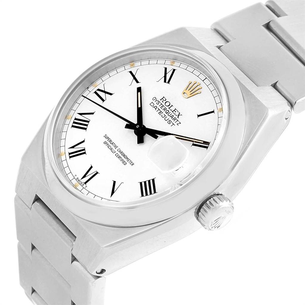 This Rolex Oysterquartz 17000 Men
s Stainless Steel White Dial 17000 Men
s Stainless Steel White Dial watch is shown at a slight angle displaying its face, bezel, crown, and part of the bracelet.
