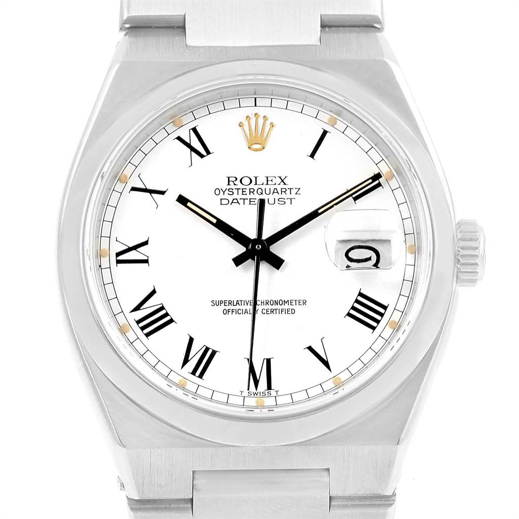 The Rolex Oysterquartz 17000 Men
s Stainless Steel White Dial 17000 Men
s Stainless Steel White Dial watch is shown from a front angle, displaying its white dial, black Roman numerals, and date window.