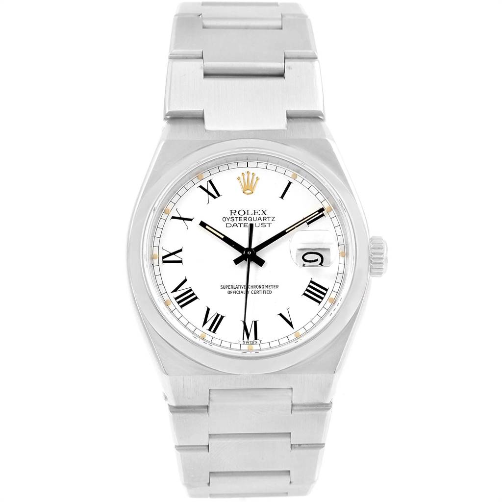 The image shows a front view of a Rolex Oysterquartz 17000 Men
s Stainless Steel White Dial 17000 Men
s Stainless Steel White Dial watch, displaying the full face, bezel, and bracelet.