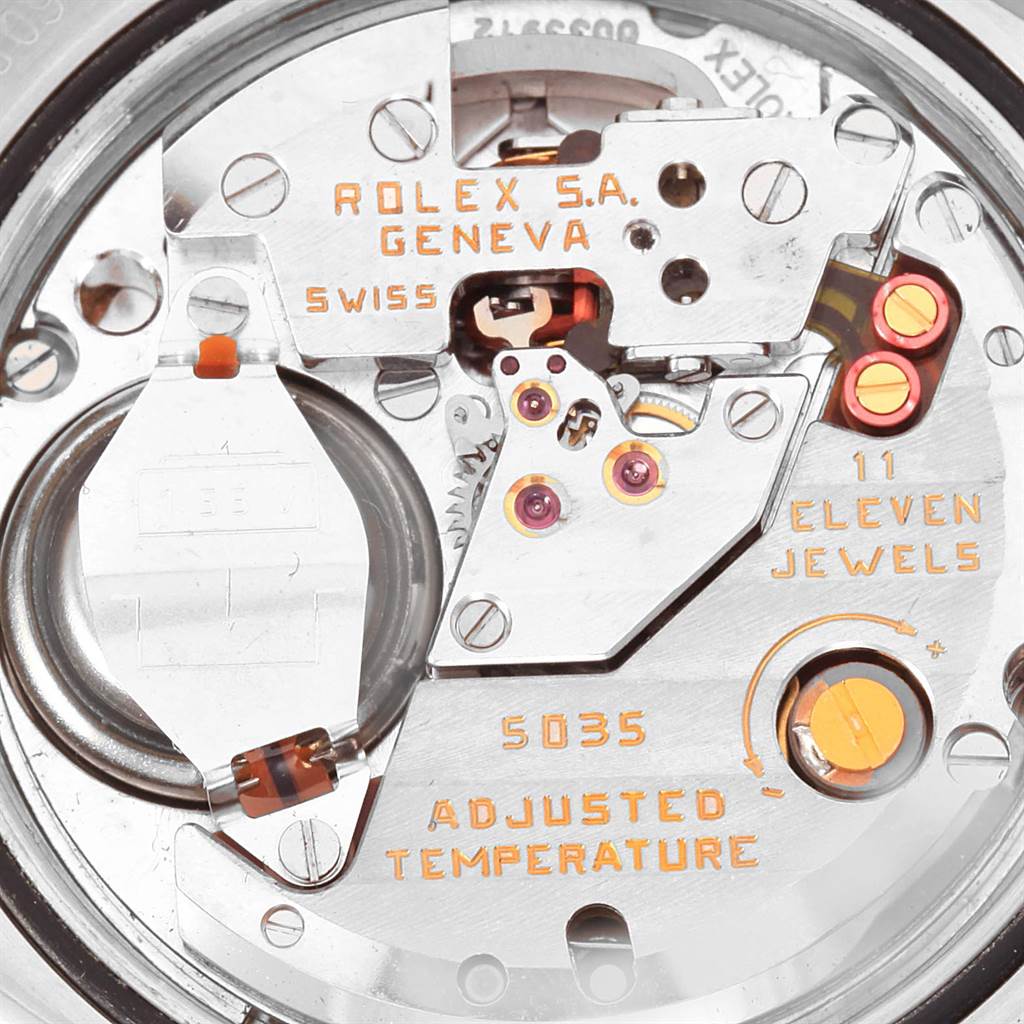 This image shows a close-up of the internal movement components of the Rolex Oysterquartz 21993 Men
s Stainless Steel Silver Dial 21993 Men
s Stainless Steel Silver Dial model, featuring the 5035 caliber.