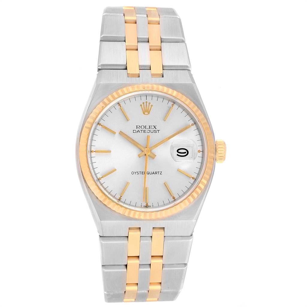 The image shows a Rolex Oysterquartz 21993 Men
s Stainless Steel Silver Dial 21993 Men
s Stainless Steel Silver Dial Datejust watch from the front, displaying the dial, bracelet, and bezel.