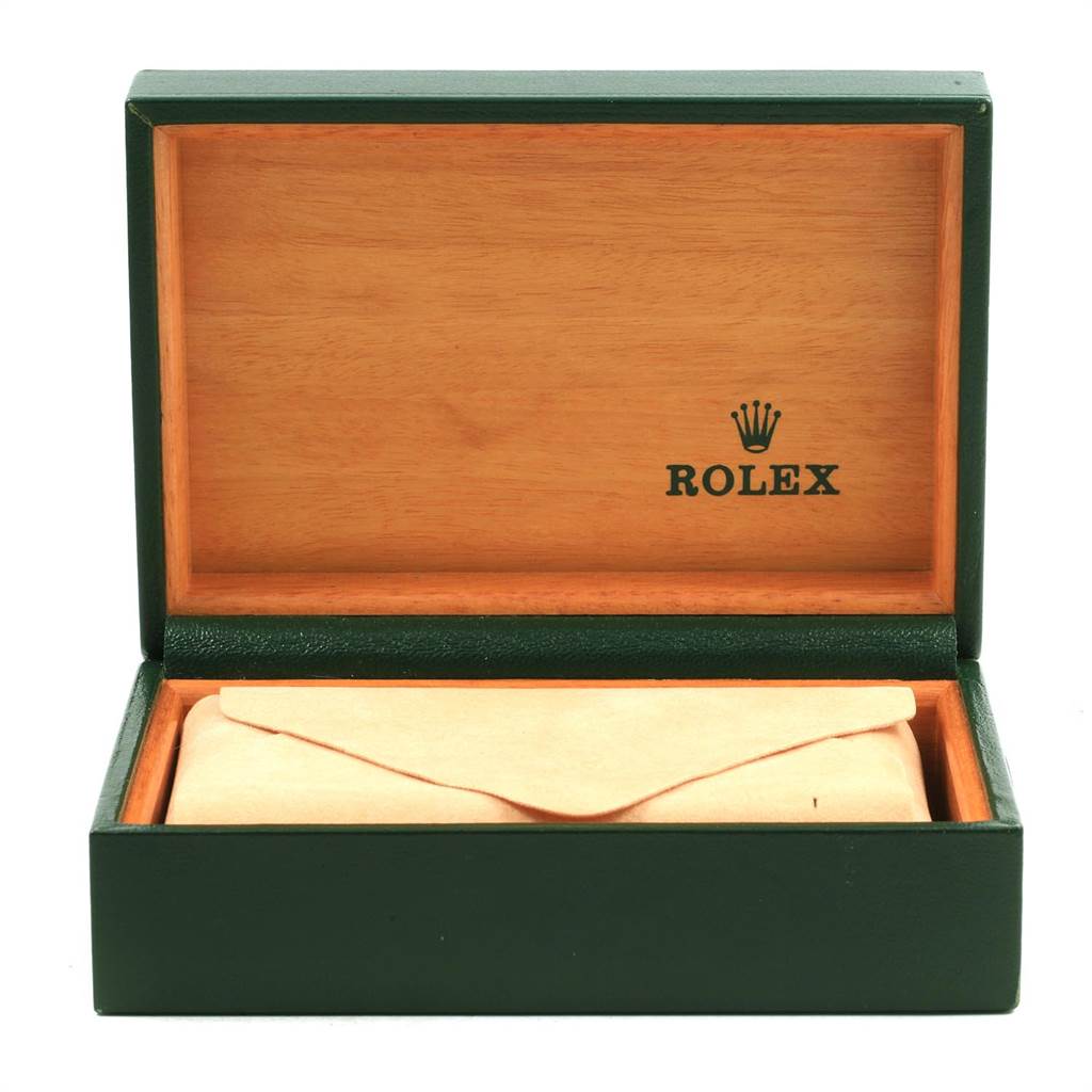 The image shows the open green and wooden box of a Rolex Oysterquartz 17013 Men's Stainless Steel Champagne Dial 17013 Men's Stainless Steel Champagne Dial watch, with the watch inside an inner pouch.