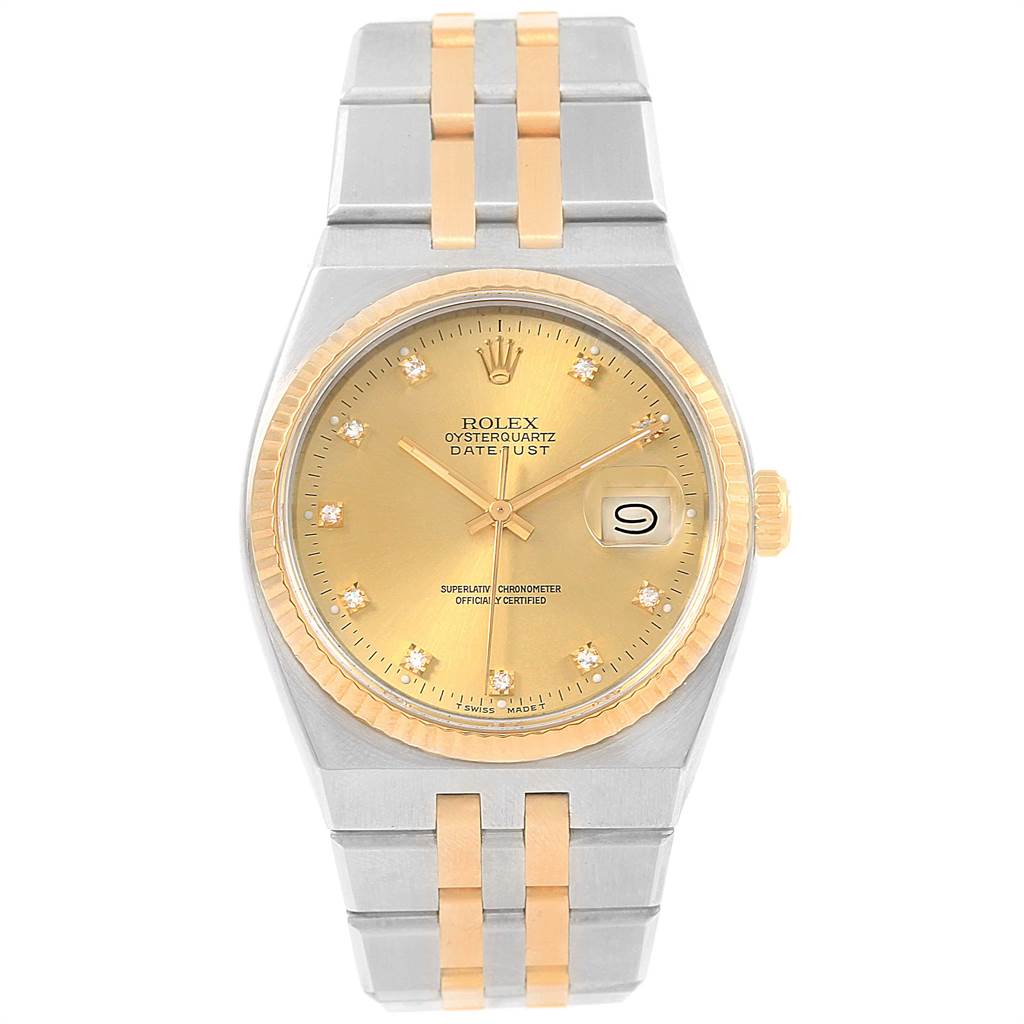 This image shows a frontal view of the Rolex Oysterquartz 17013 Men's Stainless Steel Champagne Dial 17013 Men's Stainless Steel Champagne Dial Datejust, highlighting its dial, bezel, and bracelet.