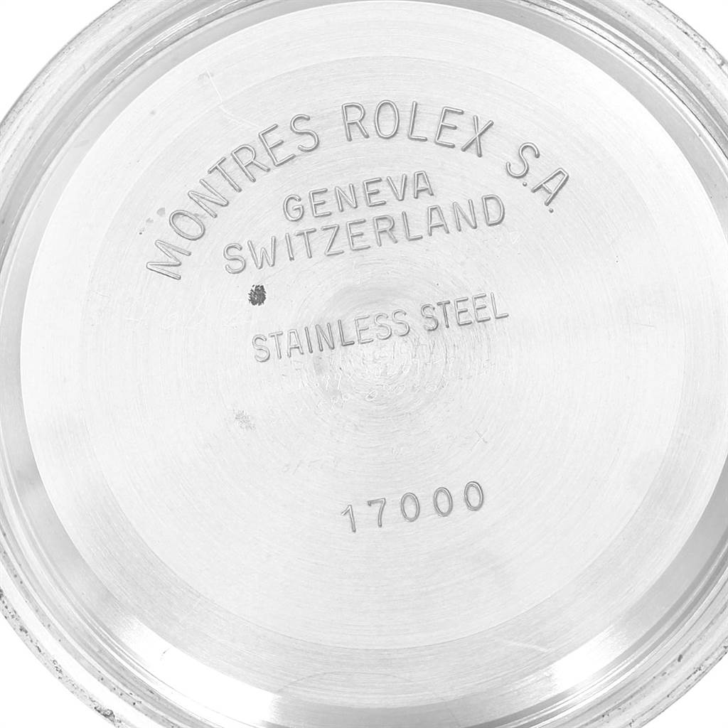 This image shows the case back of a Rolex Oysterquartz 17013 Men's Stainless Steel Champagne Dial 17013 Men's Stainless Steel Champagne Dial watch with engraved specifications and model number 17000.
