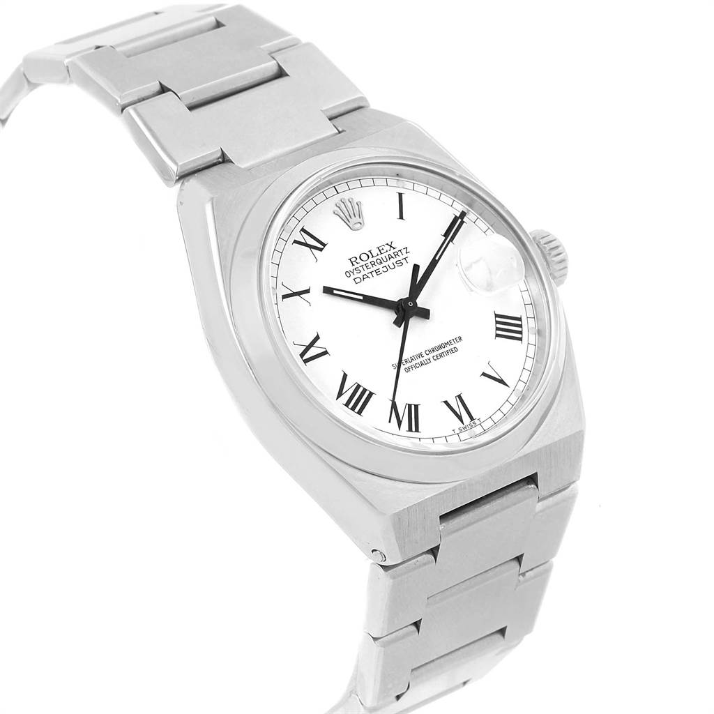 The Rolex Oysterquartz 17000 Men's Stainless Steel White Dial 17000 Men's Stainless Steel White Dial watch is shown at an angle, highlighting the face, bezel, crown, and part of the metal bracelet.