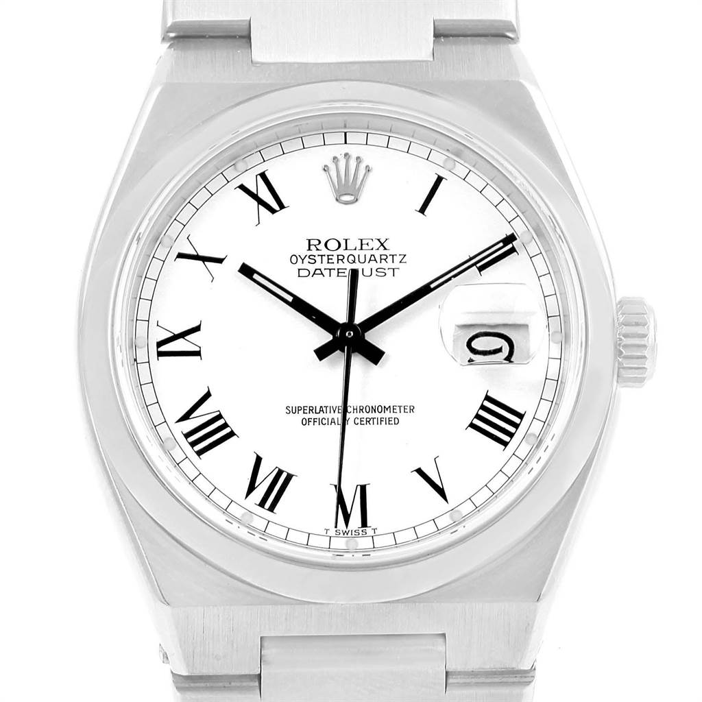 The image shows a Rolex Oysterquartz 17000 Men's Stainless Steel White Dial 17000 Men's Stainless Steel White Dial watch from the front, highlighting its face, dial, hands, and date window.