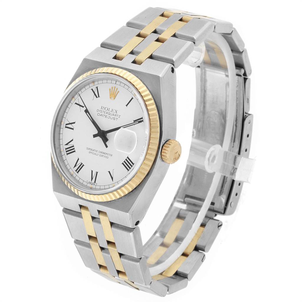 This image shows a Rolex Oysterquartz 17013 Men's Steel and Gold (two tone) White Dial 17013 Men's Steel and Gold (two tone) White Dial watch at a three-quarter angle, displaying the face, crown, and bracelet.