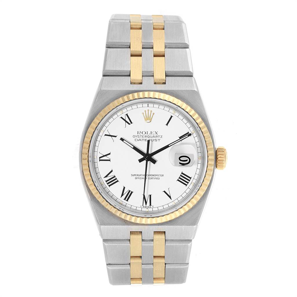 The image shows a front view of a Rolex Oysterquartz 17013 Men's Steel and Gold (two tone) White Dial 17013 Men's Steel and Gold (two tone) White Dial Datejust watch, highlighting its dial, bezel, and two-tone bracelet.