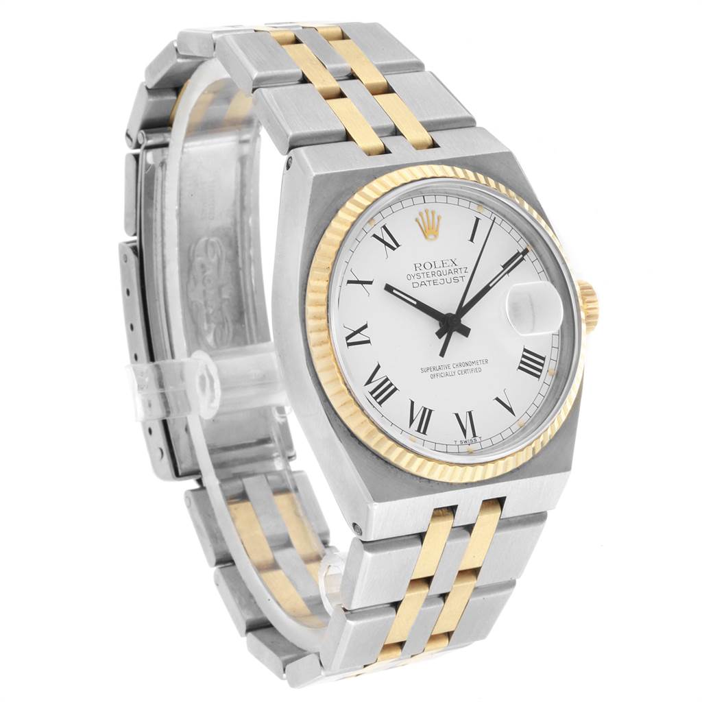 This image shows a front-left angled view of the Rolex Oysterquartz 17013 Men's Steel and Gold (two tone) White Dial 17013 Men's Steel and Gold (two tone) White Dial watch, highlighting its bezel, dial, bracelet, and clasp.
