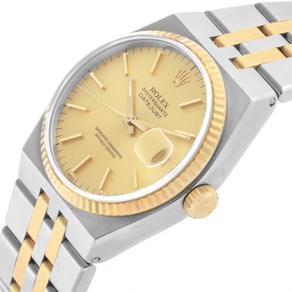 This image shows a close-up angle of the Rolex Oysterquartz 17013 Men
s Stainless Steel Champagne Dial 17013 Men
s Stainless Steel Champagne Dial watch, highlighting the dial, bezel, and part of the bracelet.