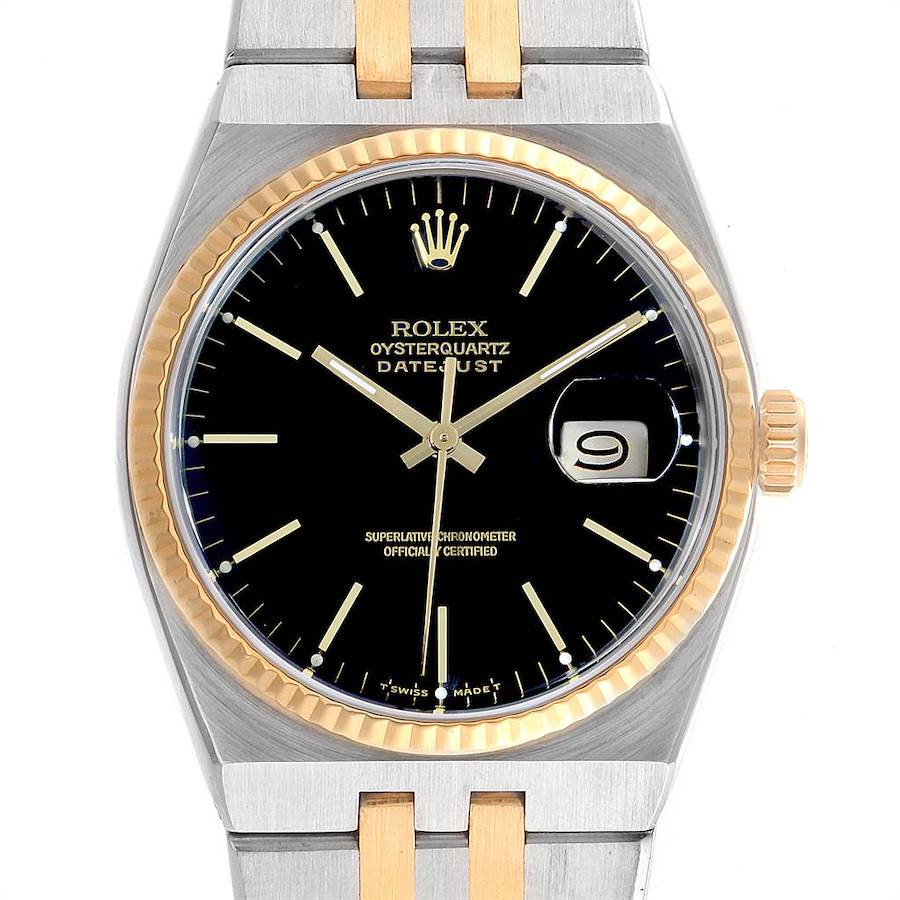 Rolex Oysterquartz Datejust Steel Yellow Gold Black Dial Watch 17013 SwissWatchExpo