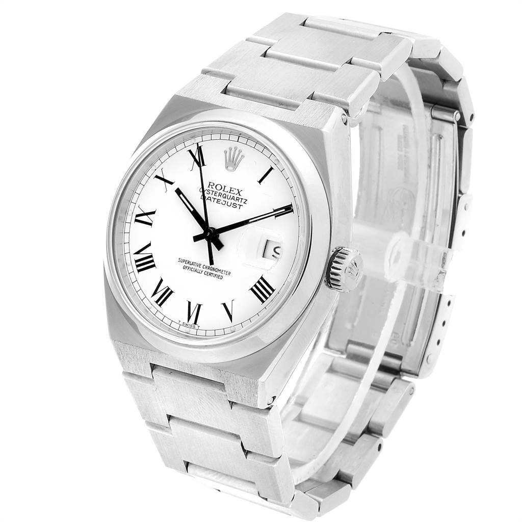 The image shows a front and angled view of the Rolex Oysterquartz 17000 Men's Stainless Steel White Dial 17000 Men's Stainless Steel White Dial Datejust, highlighting the face, bracelet, and crown.