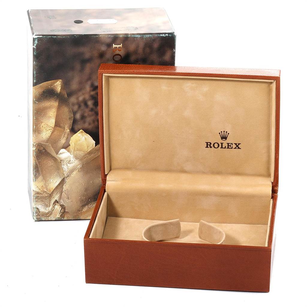 The image shows an empty Rolex Oysterquartz 17000 Men's Stainless Steel White Dial 17000 Men's Stainless Steel White Dial watch box at a slight angle, along with its outer packaging.