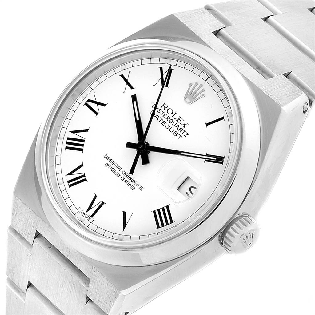 The image shows a Rolex Oysterquartz 17000 Men's Stainless Steel White Dial 17000 Men's Stainless Steel White Dial watch from a slightly angled top view, highlighting the face, crown, and part of the bracelet.