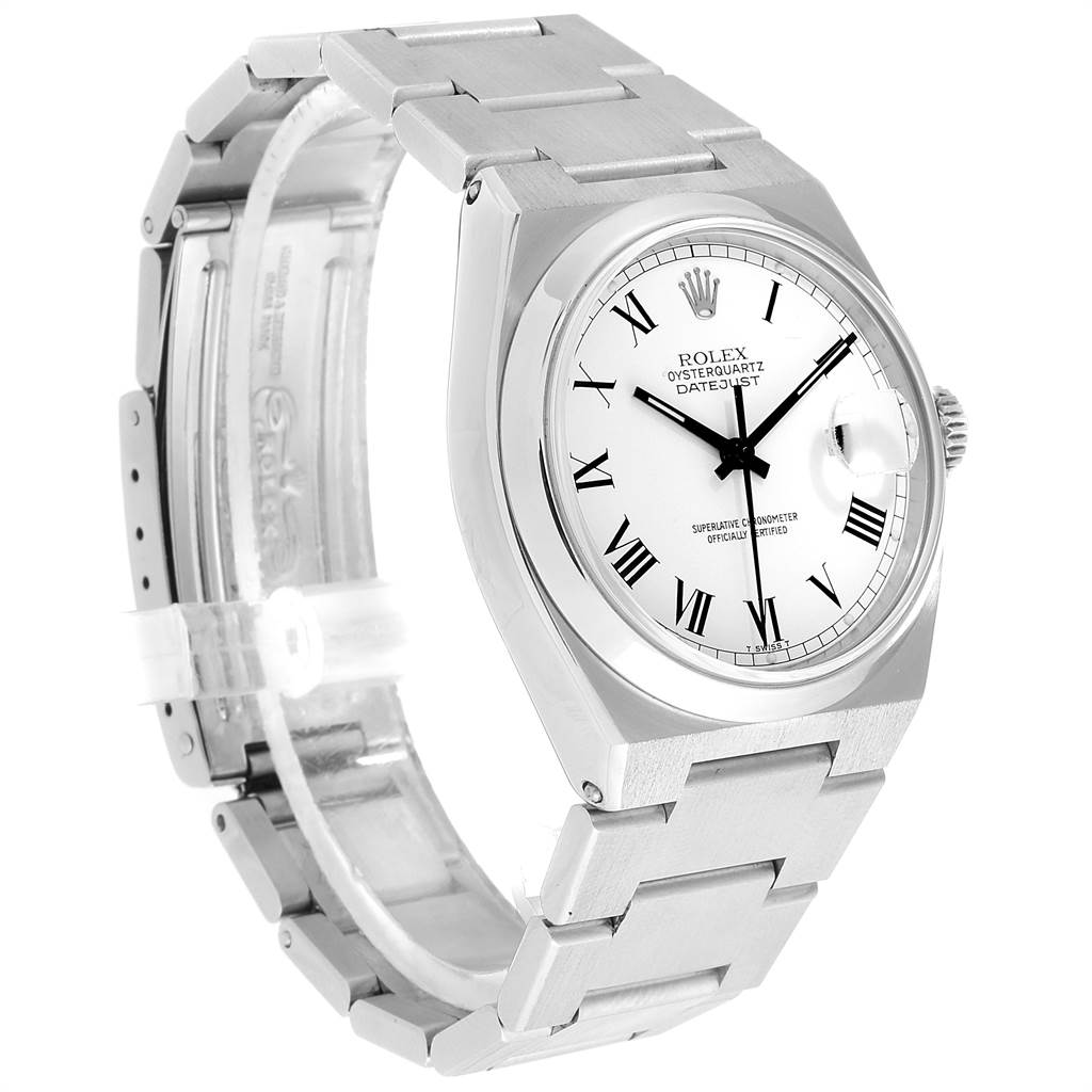 The image shows a Rolex Oysterquartz 17000 Men's Stainless Steel White Dial 17000 Men's Stainless Steel White Dial watch at an angle displaying the face, bezel, and part of the bracelet.