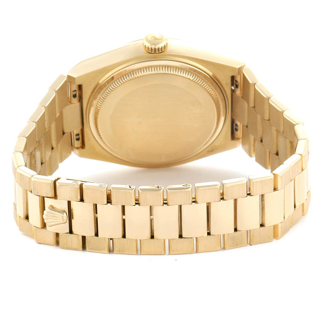 The image shows the back case and bracelet of a Rolex Oysterquartz 19018 Men's Yellow Gold Champagne Dial 19018 Men's Yellow Gold Champagne Dial watch in a gold finish.