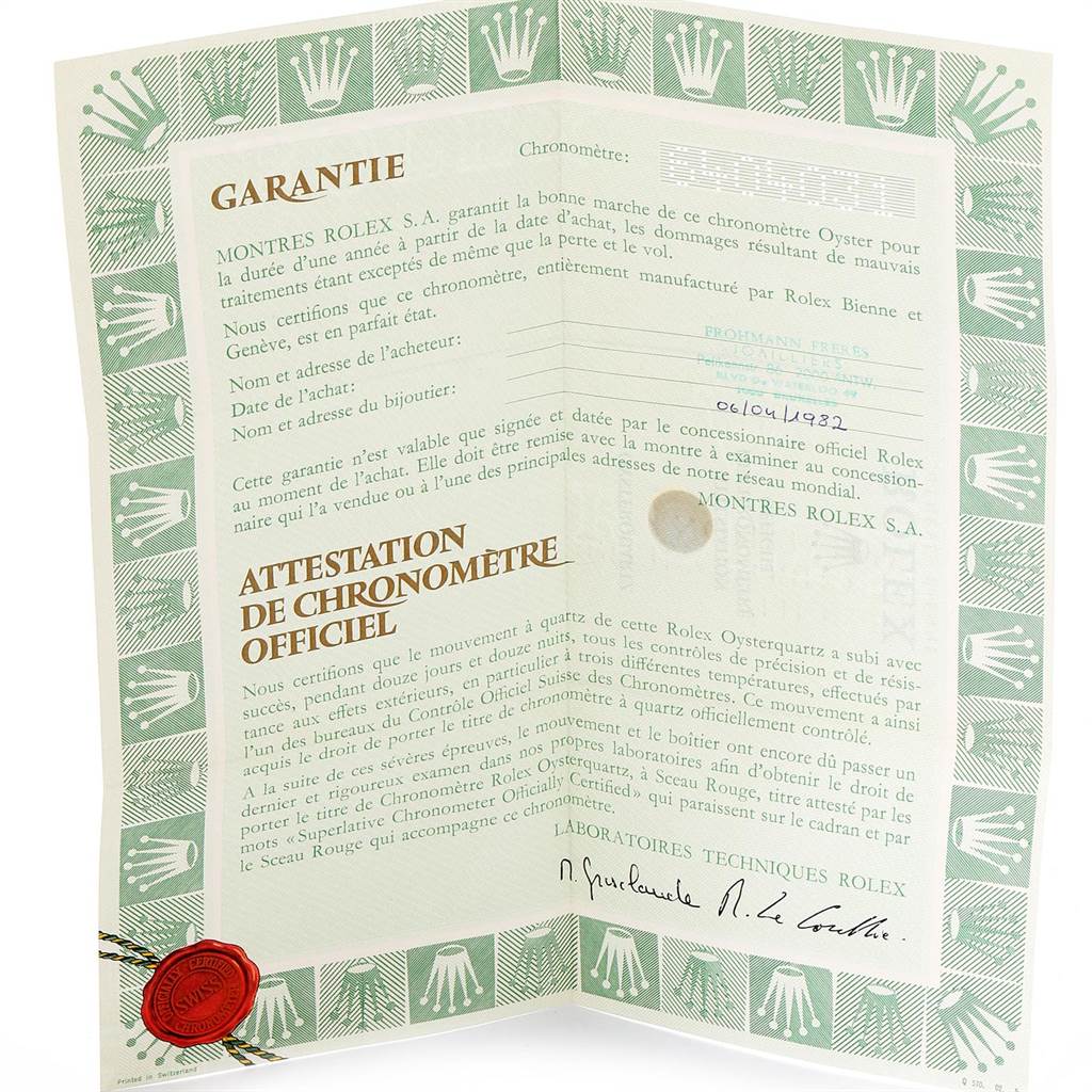 This image shows the warranty and official chronometer certification for the Rolex Oysterquartz 17013 Men
s Stainless Steel Champagne Dial 17013 Men
s Stainless Steel Champagne Dial model, captured at a frontal angle.