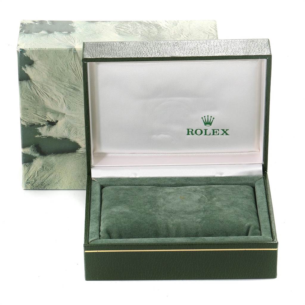 The image shows an empty Rolex Oysterquartz 19220 Men's Steel and Gold (two tone) White Dial 19220 Men's Steel and Gold (two tone) White Dial watch box, open at an angle revealing the brand logo inside.