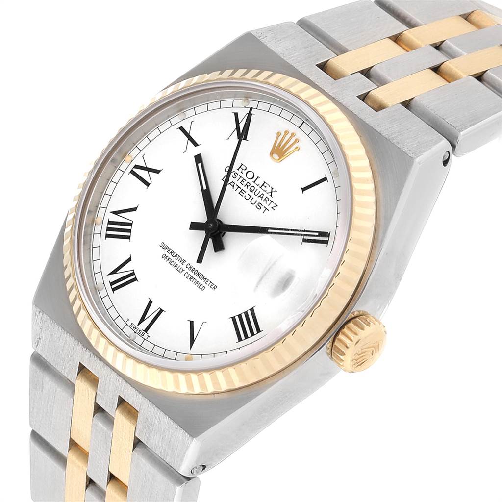 The Rolex Oysterquartz 19220 Men's Steel and Gold (two tone) White Dial 19220 Men's Steel and Gold (two tone) White Dial watch is shown from a front angle highlighting the dial, crown, and two-tone bracelet.