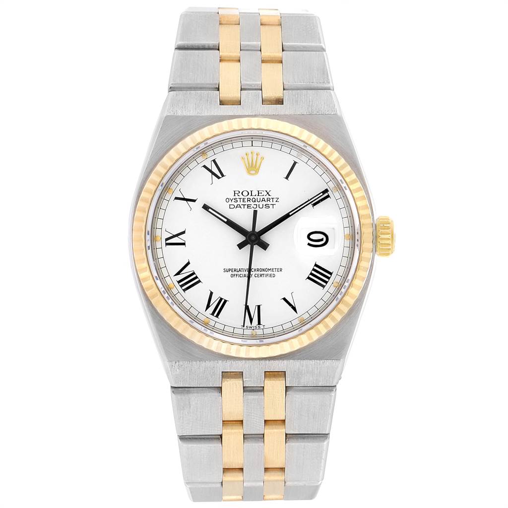 This image shows a front view of a Rolex Oysterquartz 19220 Men's Steel and Gold (two tone) White Dial 19220 Men's Steel and Gold (two tone) White Dial Datejust watch, highlighting the dial, bezel, and bracelet.