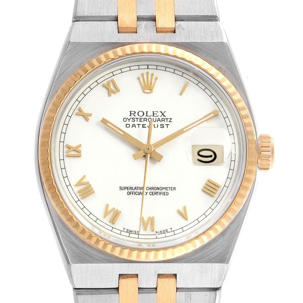 This image shows a front view of a Rolex Oysterquartz 17013 Men's Stainless Steel White Dial 17013 Men's Stainless Steel White Dial Datejust watch, displaying its dial, bezel, and part of the bracelet.