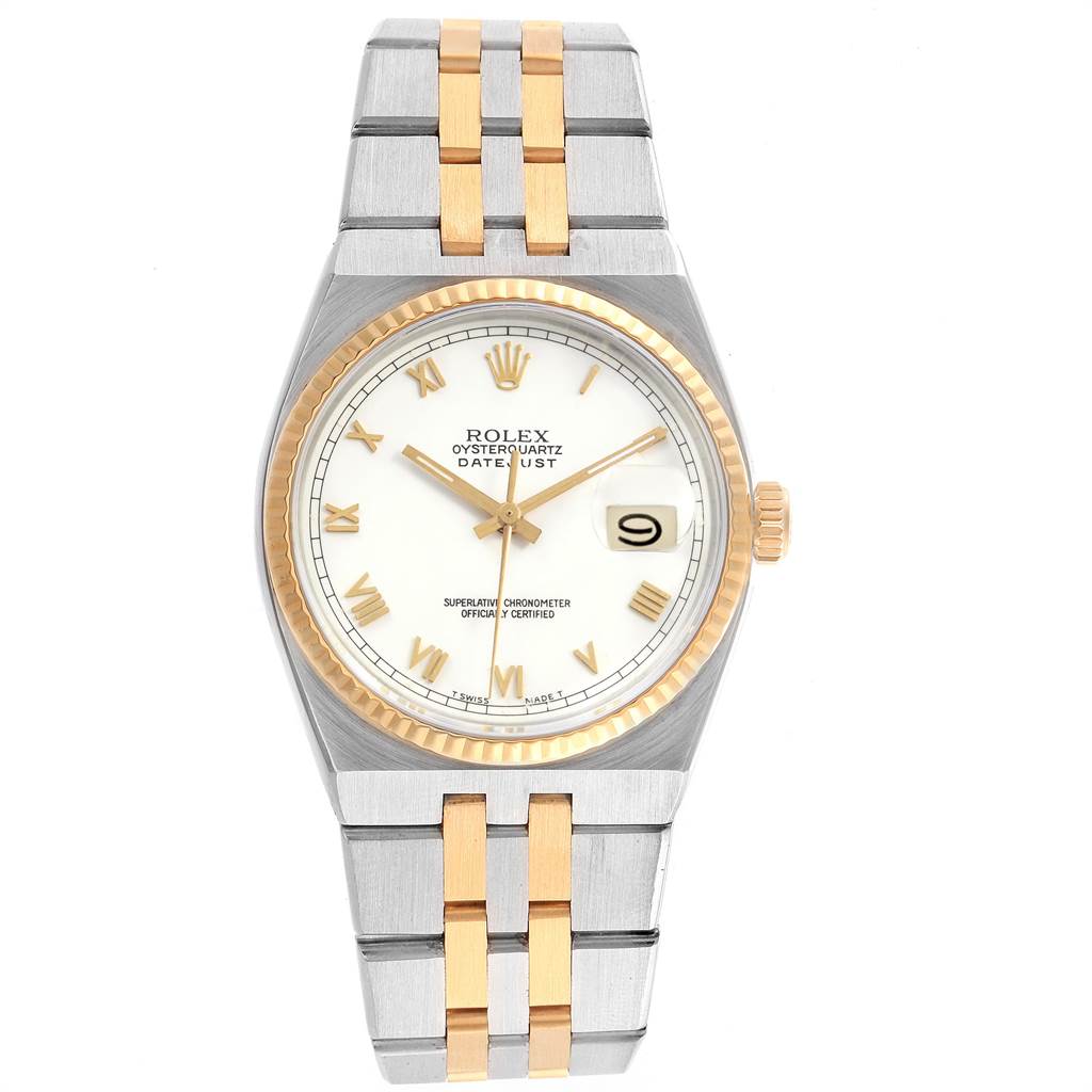 The image shows a Rolex Oysterquartz 17013 Men's Stainless Steel White Dial 17013 Men's Stainless Steel White Dial Datejust watch from a front view, highlighting the face, bezel, and bracelet.