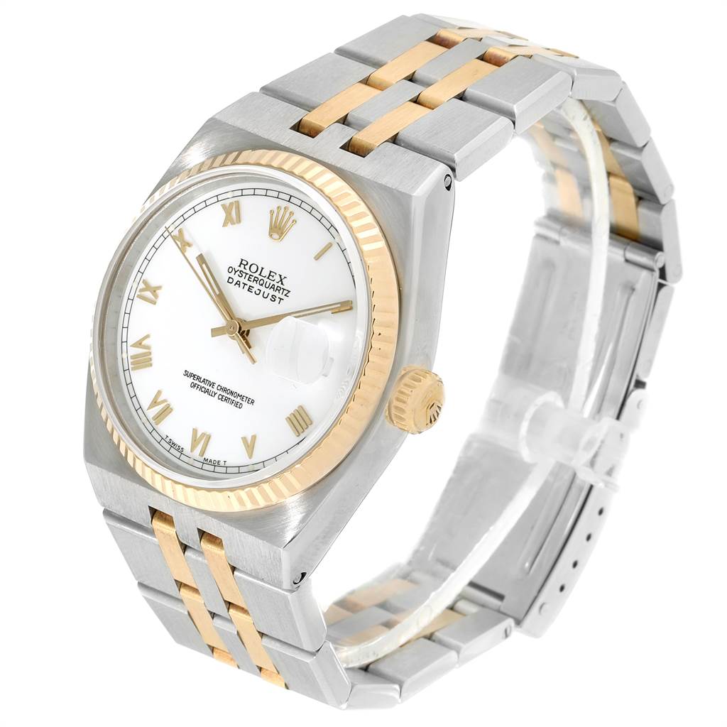 The Rolex Oysterquartz 17013 Men's Stainless Steel White Dial 17013 Men's Stainless Steel White Dial watch is shown at a slightly angled view, highlighting the dial, bezel, crown, and two-tone bracelet.