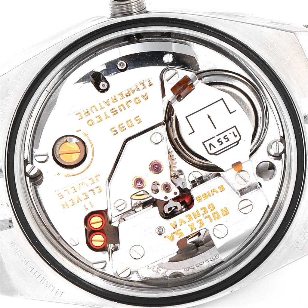 This image shows the internal movement components of a Rolex Oysterquartz 17013 Men's Stainless Steel White Dial 17013 Men's Stainless Steel White Dial watch, viewed from the back with the case removed.