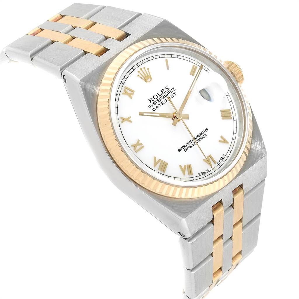 The image shows an angled view of the Rolex Oysterquartz 17013 Men's Stainless Steel White Dial 17013 Men's Stainless Steel White Dial watch, highlighting its dial, bezel, crown, and part of its bracelet.