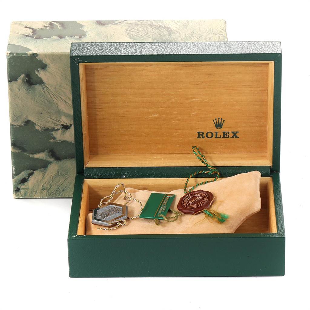 The image shows a Rolex Oysterquartz 17013 Men's Stainless Steel White Dial 17013 Men's Stainless Steel White Dial watch box with tags and accessories, taken from a front angle.