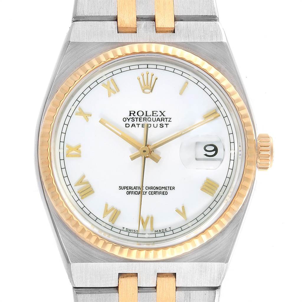 The image shows a close-up of the dial and part of the bracelet of a Rolex Oysterquartz 17013 Men's Stainless Steel White Dial 17013 Men's Stainless Steel White Dial Datejust watch.