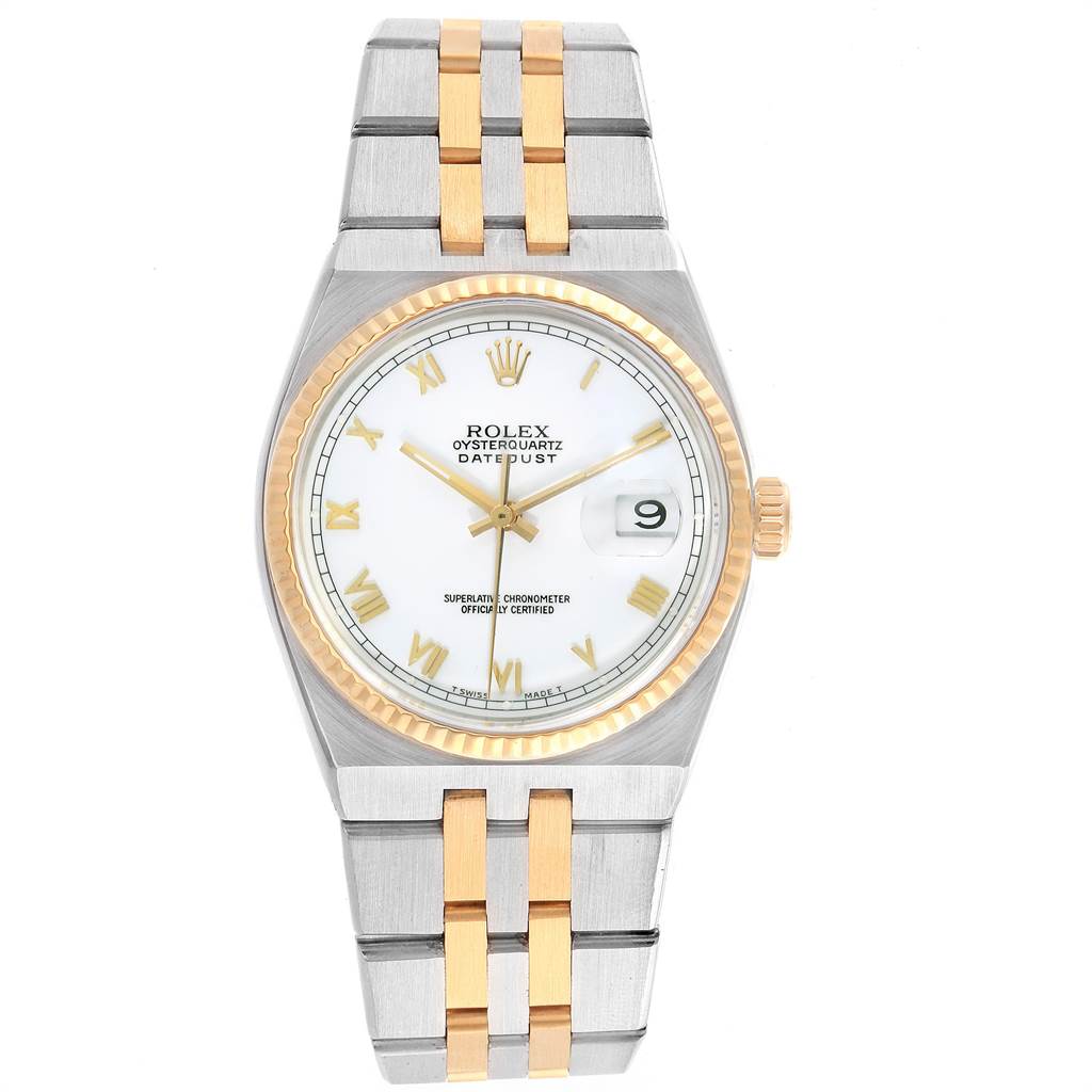 The Rolex Oysterquartz 17013 Men's Stainless Steel White Dial 17013 Men's Stainless Steel White Dial watch is shown from the front, displaying its face, bezel, and two-tone bracelet.