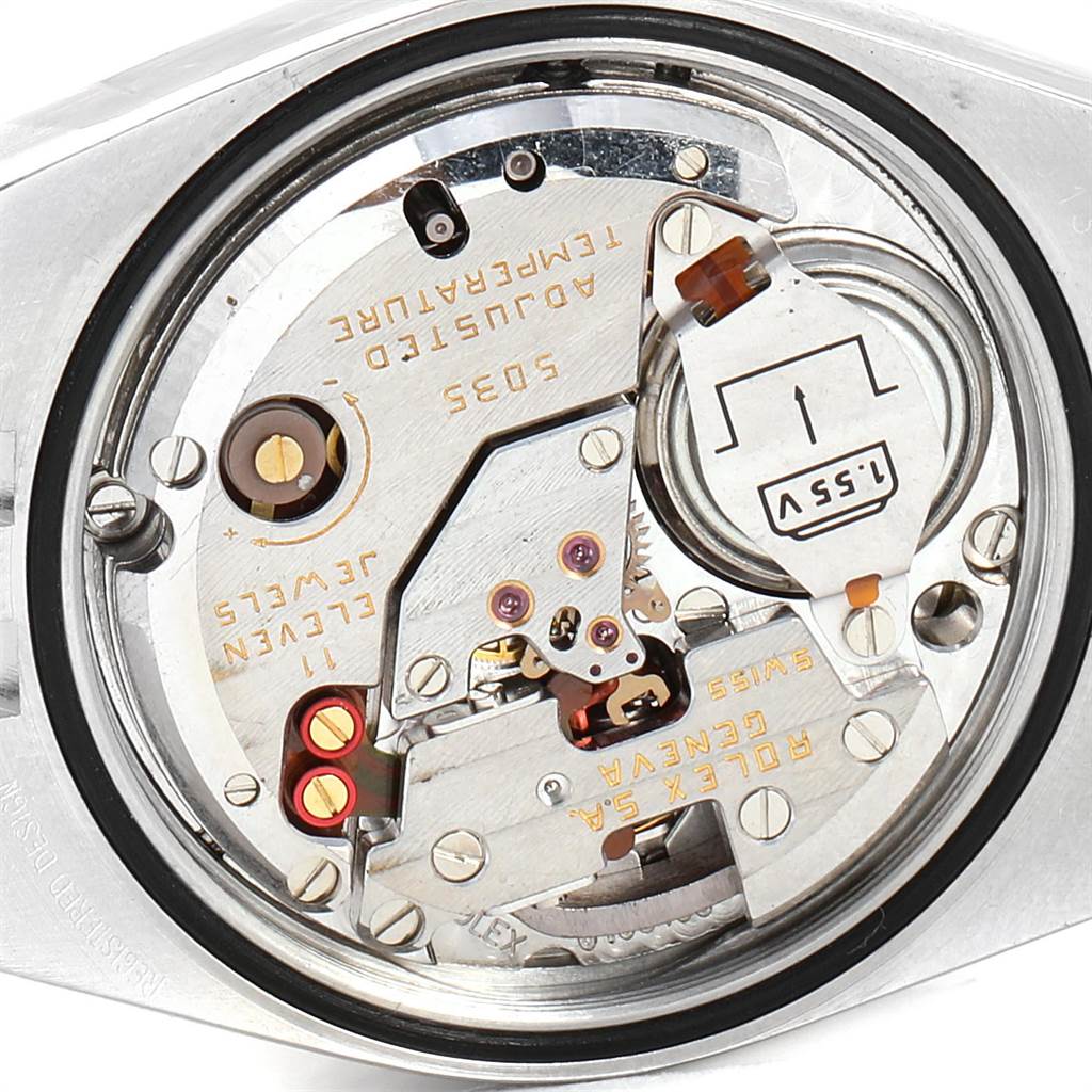 This image shows the inner mechanisms and electronic components of a Rolex Oysterquartz 17013 Men's Stainless Steel White Dial 17013 Men's Stainless Steel White Dial watch viewed from the back.