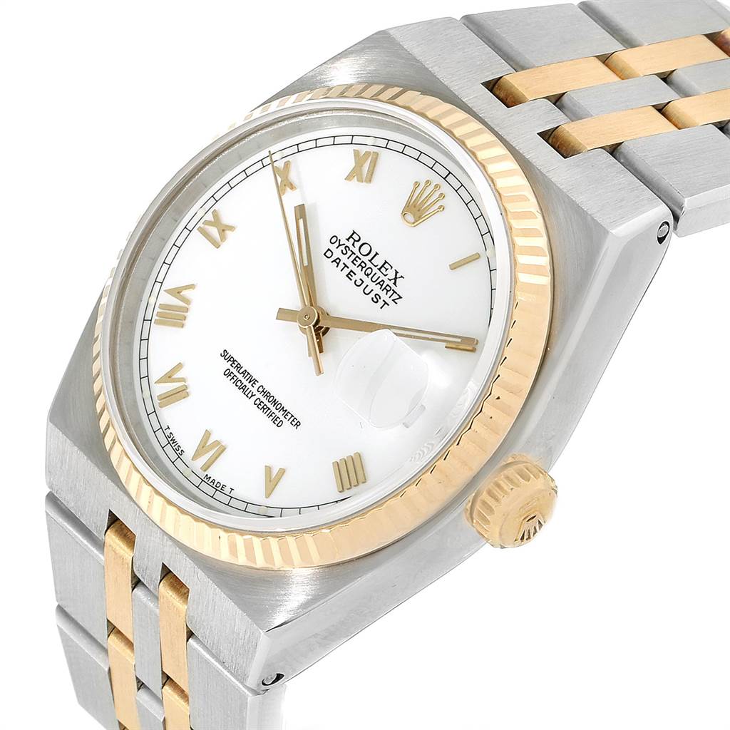 This image shows a Rolex Oysterquartz 17013 Men's Stainless Steel White Dial 17013 Men's Stainless Steel White Dial Datejust watch angled from the top-right, displaying the dial, bezel, and part of the bracelet.