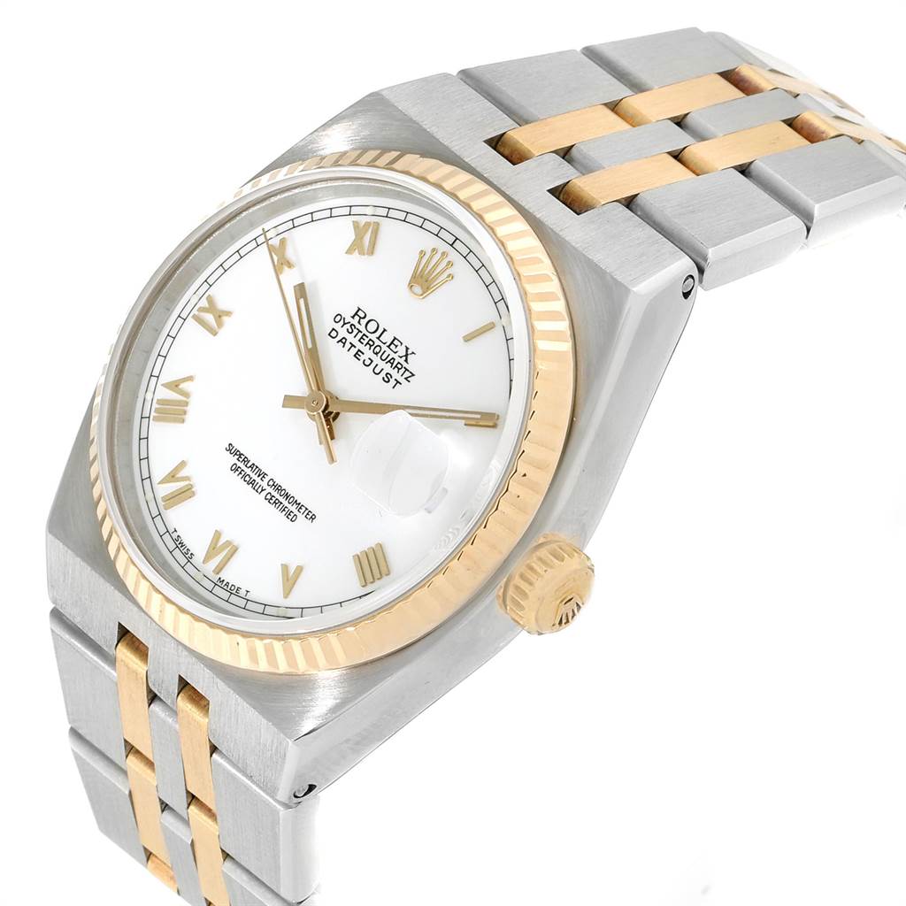 The image shows a close-up, three-quarter view of the Rolex Oysterquartz 17013 Men's Stainless Steel White Dial 17013 Men's Stainless Steel White Dial watch, highlighting its bracelet, bezel, and dial.