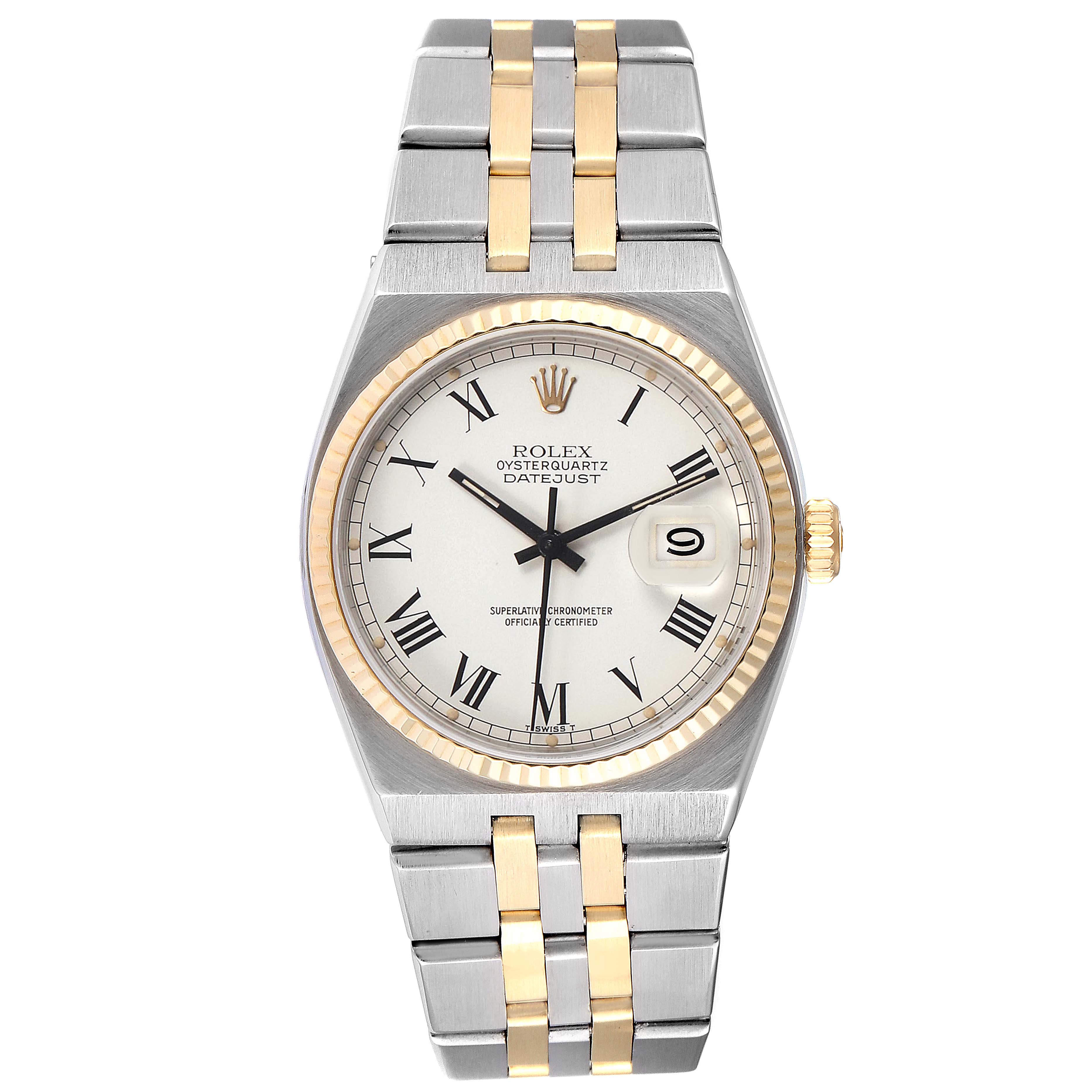 The Rolex Oysterquartz 19220 Men's Steel and Gold (two tone) White Dial 19220 Men's Steel and Gold (two tone) White Dial watch is shown from a top-down angle, highlighting the dial, bezel, and bracelet.