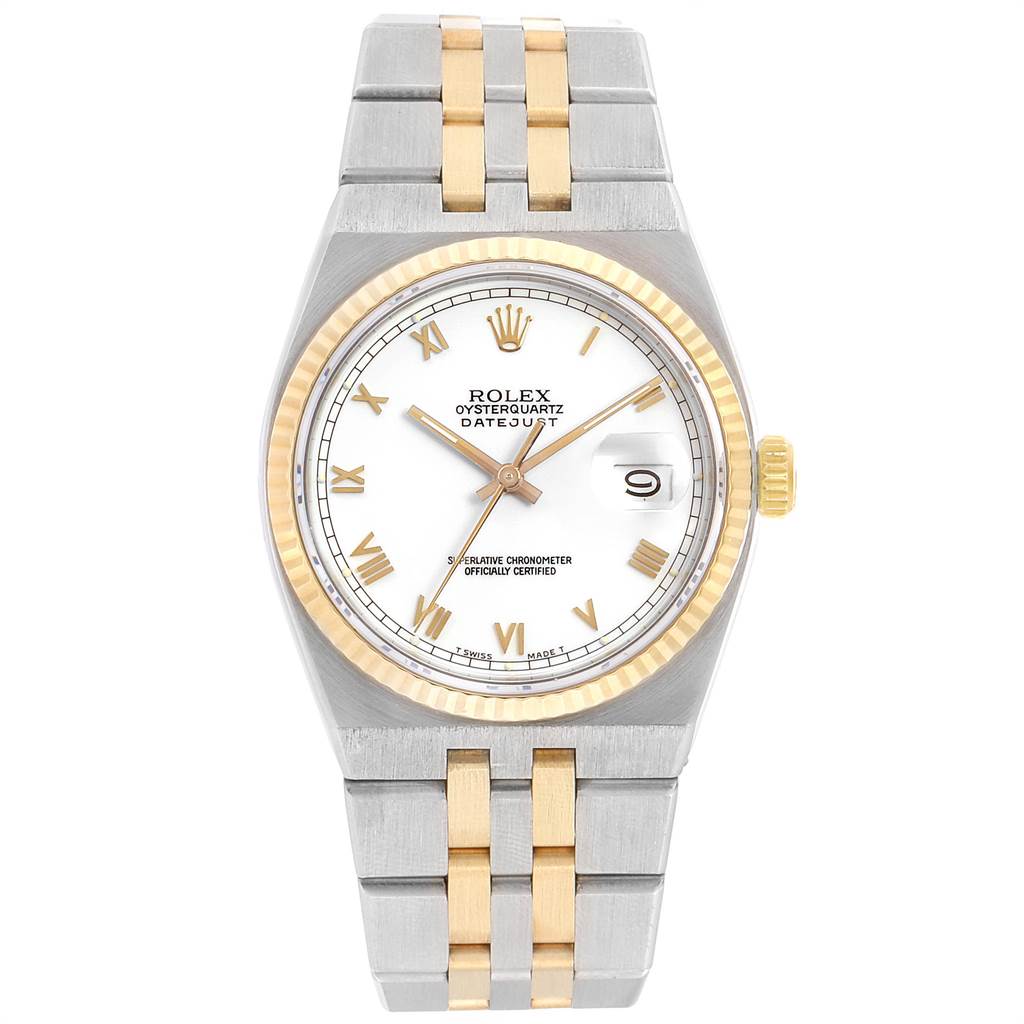This image shows the front view of a Rolex Oysterquartz 16865 Men's Stainless Steel White Dial 16865 Men's Stainless Steel White Dial watch featuring a two-tone bracelet and a round dial with Roman numerals.