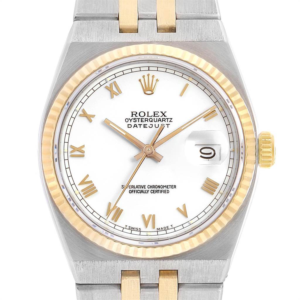 The image shows a frontal view of the Rolex Oysterquartz 16865 Men's Stainless Steel White Dial 16865 Men's Stainless Steel White Dial model, highlighting the dial, bezel, and part of the bracelet.